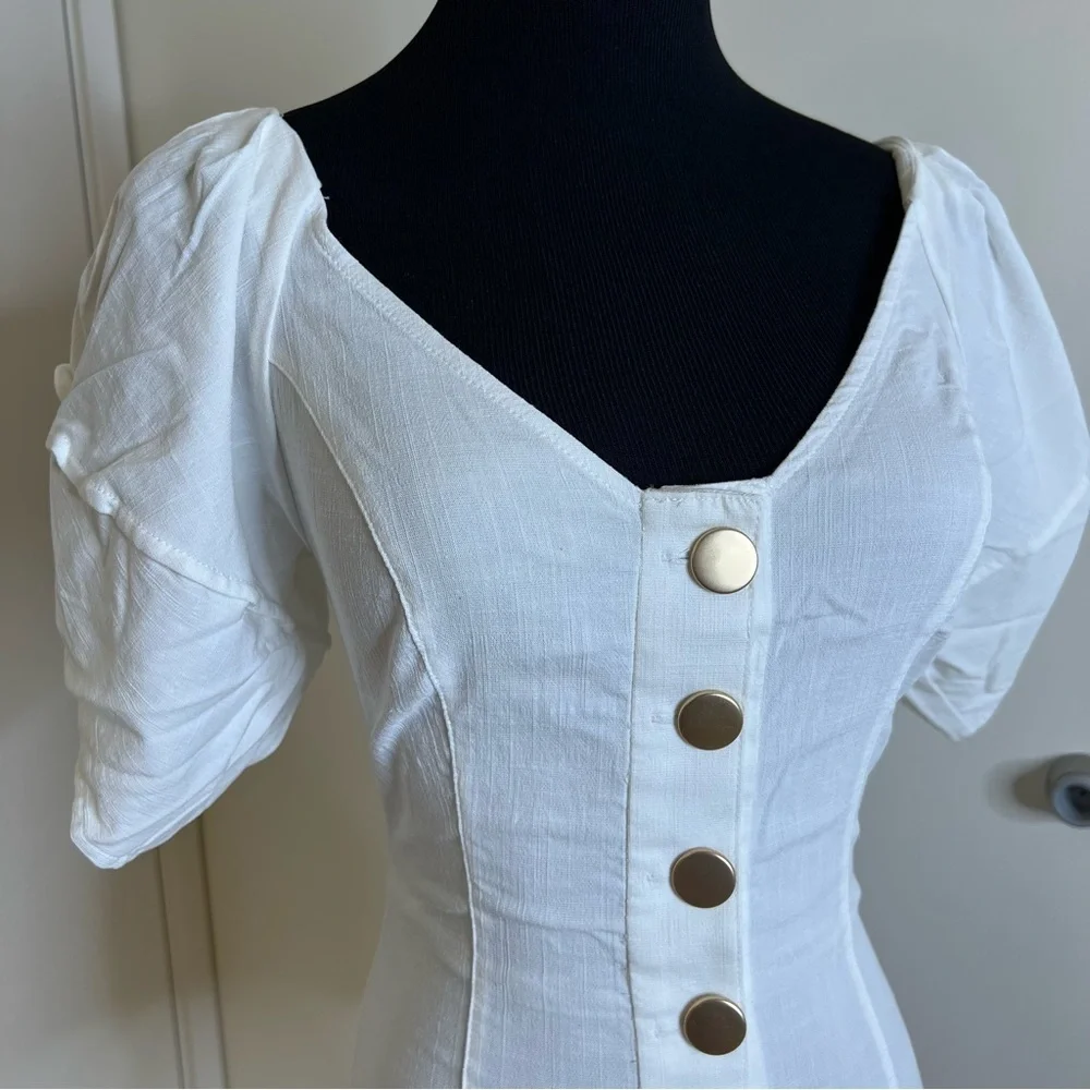Free People White Puff Sleeve Gold Button Front Bodysuit XS